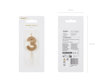 Świeczka urodzinowa Cyferka 3, 4.5 cm, złoty Party Deco