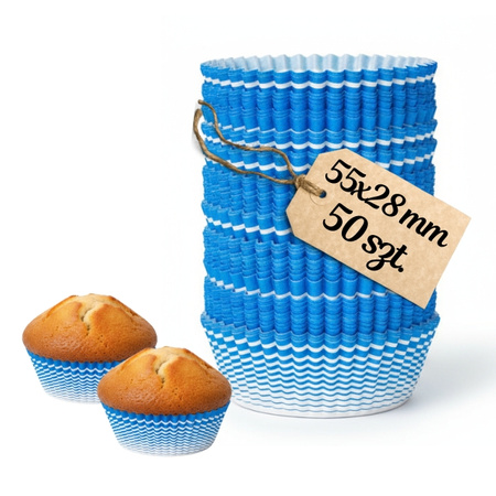 Białe papiotki w niebieskie prążki do muffinek 55x28 mm 50 szt.