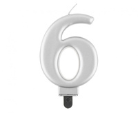 #SC8 Świeczka B&C cyferka 6, metalik srebrna, 9 cm