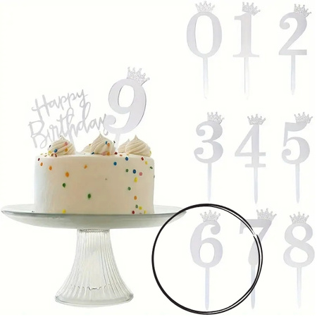Topper na tort SREBRNY Z KORONĄ cyfra 6 SZEŚĆ SZÓSTKA 11x4 cm
