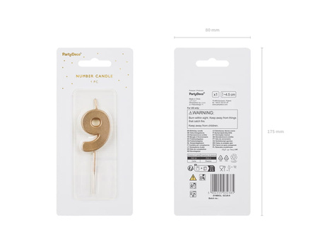 Świeczka urodzinowa Cyferka 9, 4.5 cm, złoty Party Deco