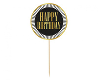 #DETO Dekoracja pap. na tort B&G Party - Happy Birthday, czarna, paski, 10 cm