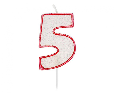 #SC25 Świeczka cyferka z brokatem, czerwony kontur "5", 6 cm KK