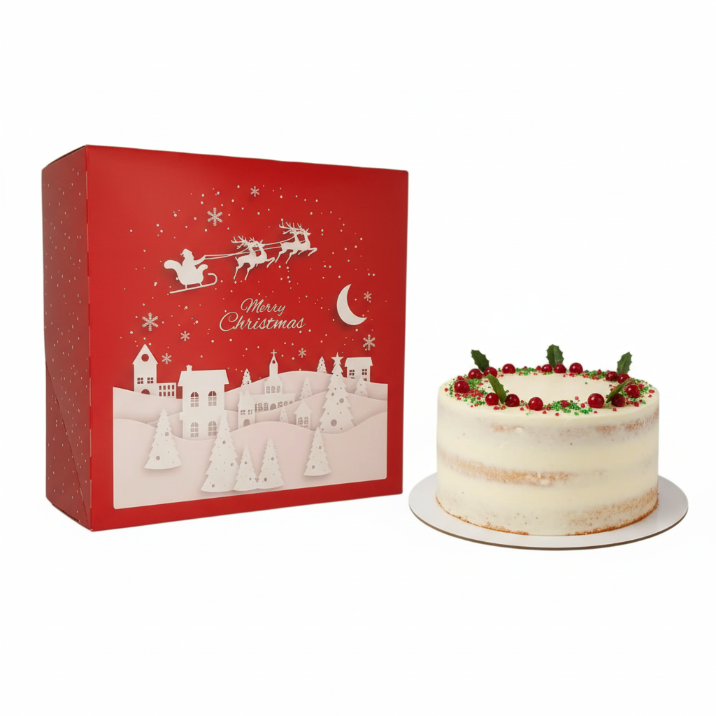 Czerwone świąteczne pudełko na ciasto 30x30x12,5 cm RENIFER – widok ogólny