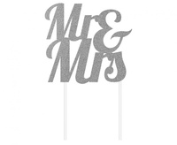 #DETO Dekoracja na tort Mr & Mrs, srebrna, 1 szt.
