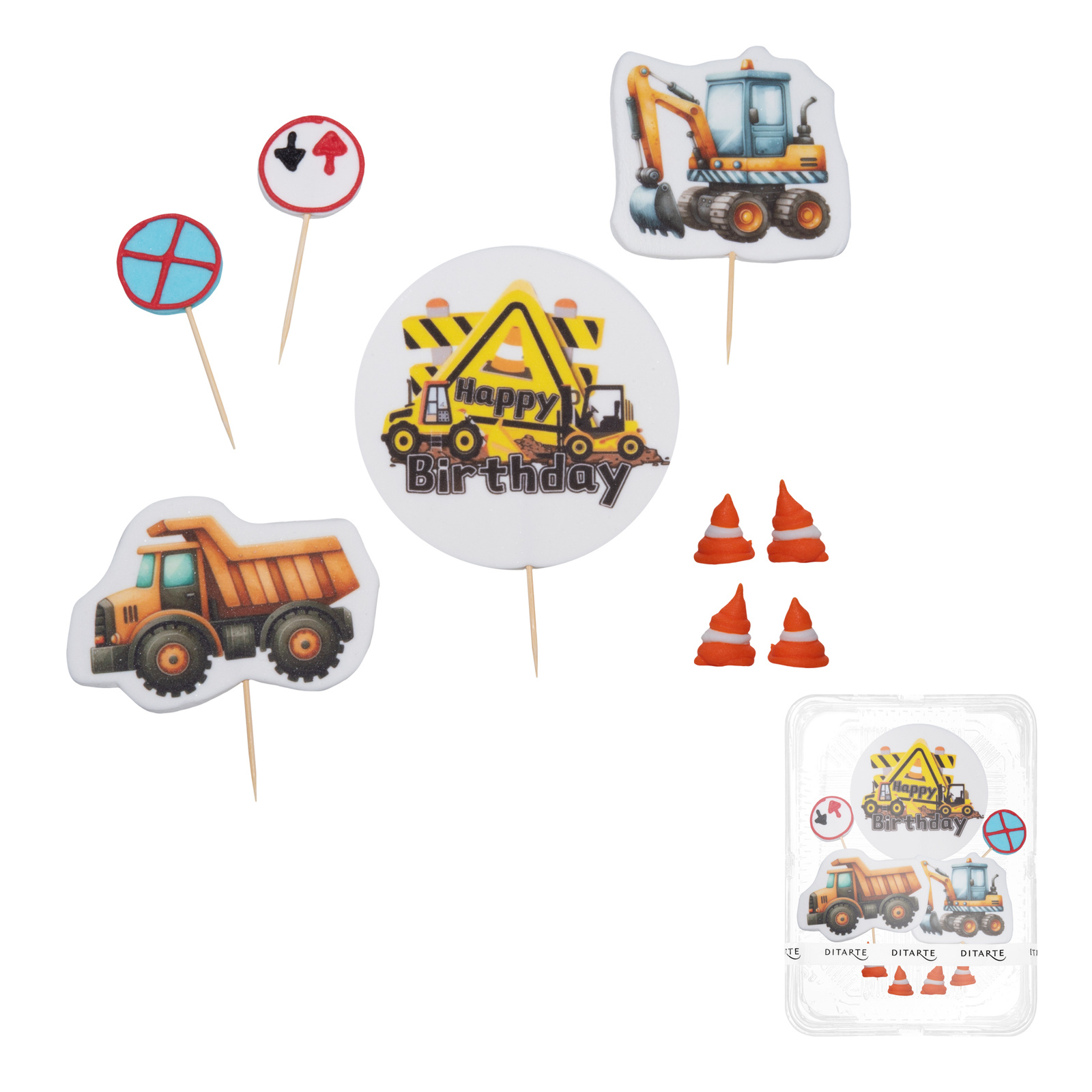 Zbliżenie na tort z figurkami cukrowymi Samochody budowlane - detale dekoracji