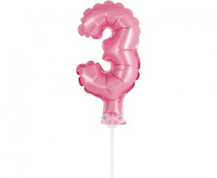 #BFC1 Balon foliowy 13 cm na patyczku "Cyfra 3", różowa KK
