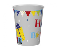 #ZKU Kubeczki pap. B'day Cake with Gifts and Garlands, 250 ml, 8 szt.