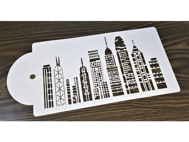 Przykład użycia szablonu MIASTA BUDOWLE na boku tortu