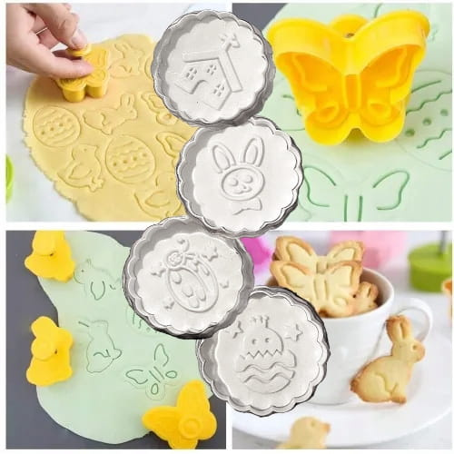 Wielkanocne foremki do ciastek podczas użytkowania – wycinanie ciasteczek w kształcie kurczaka, jajka, motyla i królika