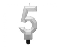 #SC17 Świeczka cyferka 5 - Diament, metalik srebrny, 7.6 cm