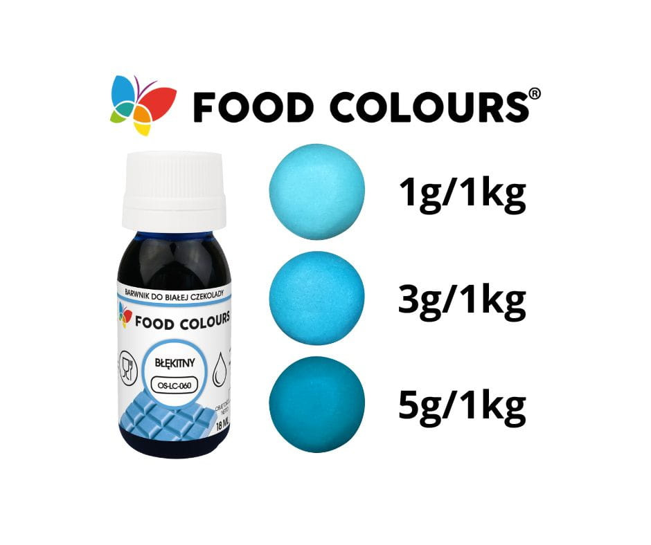 Barwnik do czekolady i mas tłustych błękitny 18 ml Food Colours – kolor błękitny w zastosowaniu