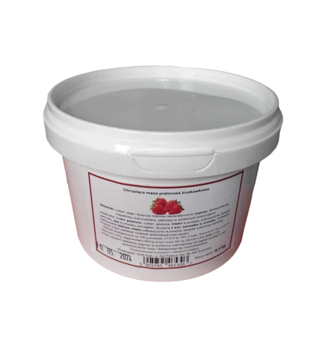 Pralina do tortu TRUSKAWKOWA z herbatnikami croquant 0,5 kg Grejt Kejk – widok opakowania produktu