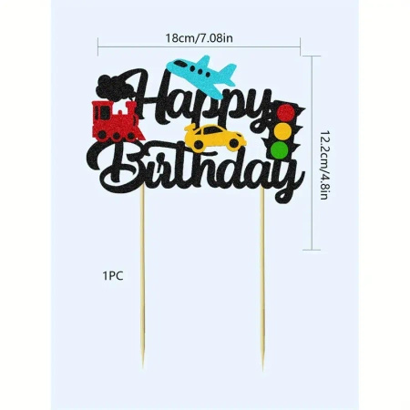 Papierowy topper na tort Happy Birthday PODRÓŻ SAMOLOT AUTO POCIĄG SYGNALIZATOR