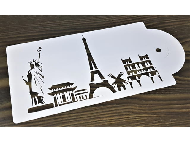 Zbliżenie na szczegóły szablonu do dekoracji ciast z motywem miasta