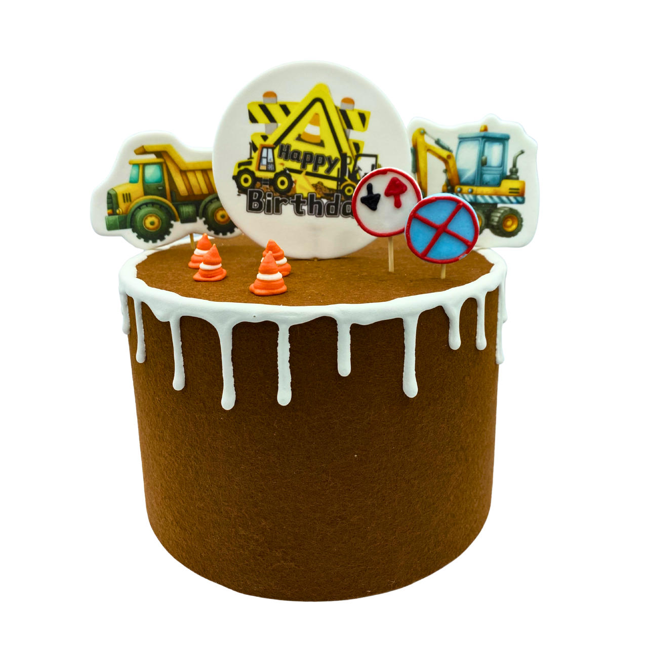 Toppery cukrowe z koparką, ciężarówką i napisem Happy Birthday - zbliżenie dekoracji