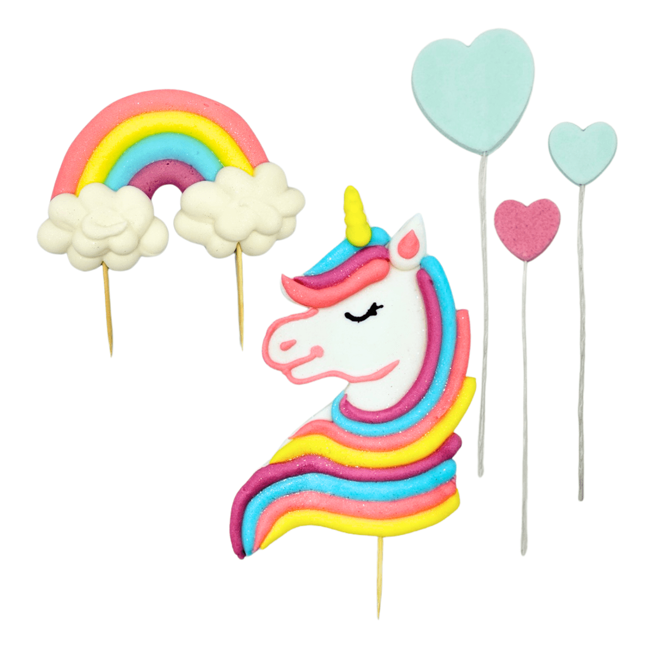 Figurki jednorożec z tęczą i serduszkami na torcie urodzinowym dla dzieci