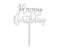 #DETO Dekoracja na tort Happy Birthday, srebrna, 15,5 x 11 cm