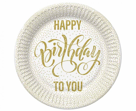 #ZTA Talerzyki papierowe Happy Birthday Dotted Gold, 23 cm,  8 szt.