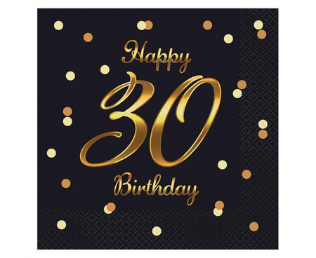 #ZSE_GD Serwetki B&C Happy 30 Birthday, czarne, nadruk złoty, certyfikat FSC, 33x33 cm/ 20 szt.