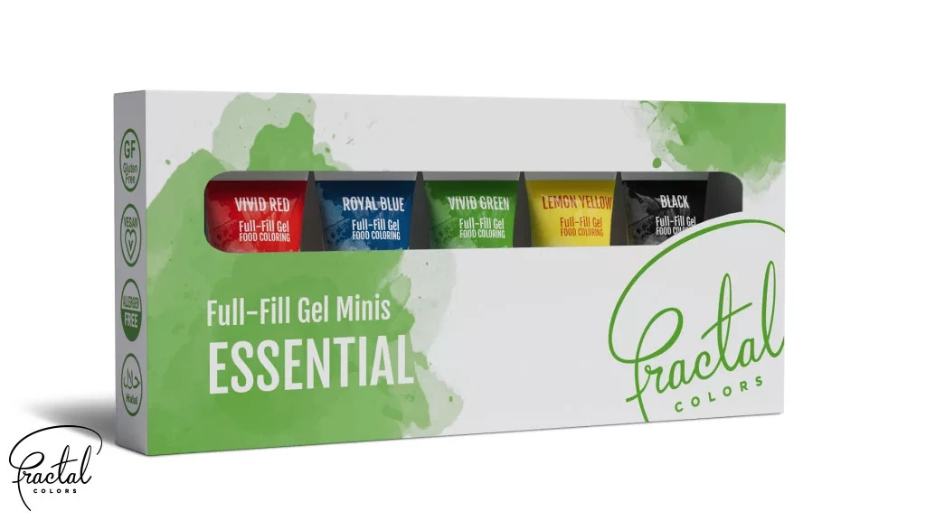 Zestaw barwników spożywczych w żelu MINIS ESSENTIAL 5x12g Fractal Colors w opakowaniu
