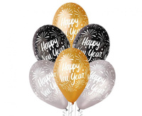 #BL Balony Premium "Happy New Year", złote, srebrne, czarne, 12" / 6 szt.
