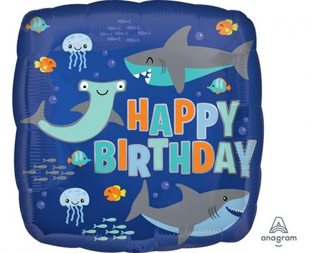 #BFK Balon foliowy 18" kwadrat Happy birthday sharks