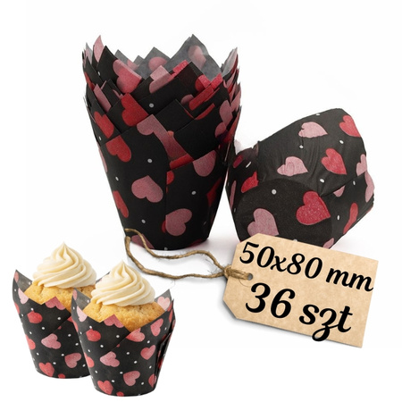 Muffiny tulipan CZARNE W RÓŻOWE SERDUSZKA 50x80 mm 36 szt.