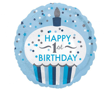 #BFK Balon foliowy 18'' CIR - "1st Birthday Cupcake Boy", zapakowany