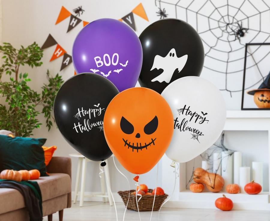 Kolorowe balony lateksowe Happy Halloween z nadrukiem duchów i nietoperzy