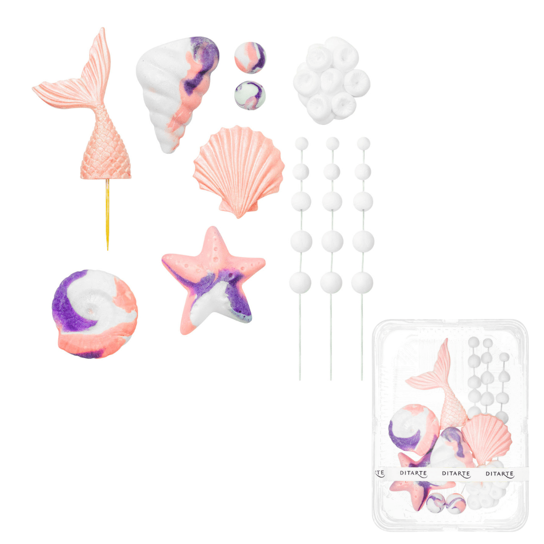 Zestaw kolorowych cukrowych figurek Ditarte Skarby Morza: syreni ogon, muszle, rozgwiazdy, perły i korale w intensywnych barwach
