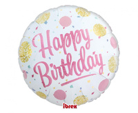 #BFK Balon Ibrex Hel, okrągły 14", Happy Birthday Gold&Pink Dots, packed