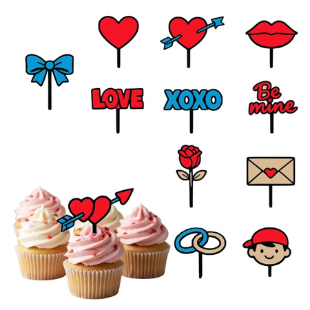 Zestaw 12 szt. mini topperków na muffinki bento cake SERCE LOVE YOU WALENTYNKI WZ.I