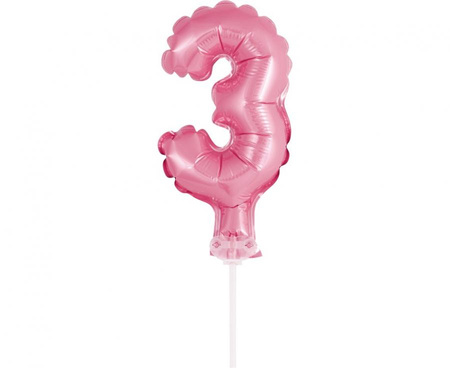 #BFC1 Balon foliowy 13 cm na patyczku "Cyfra 3", różowa KK