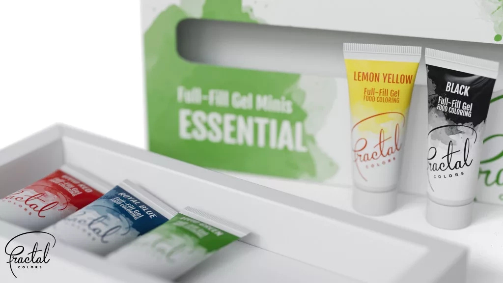 Zestaw barwników spożywczych w żelu MINIS ESSENTIAL 5x12g Fractal Colors w otwartym pudełku