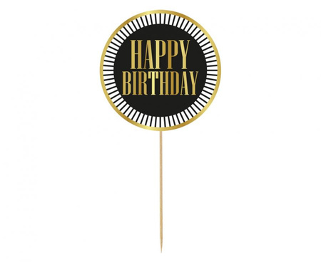 #DETO Dekoracja pap. na tort B&G Party - Happy Birthday, czarna, paski, 10 cm