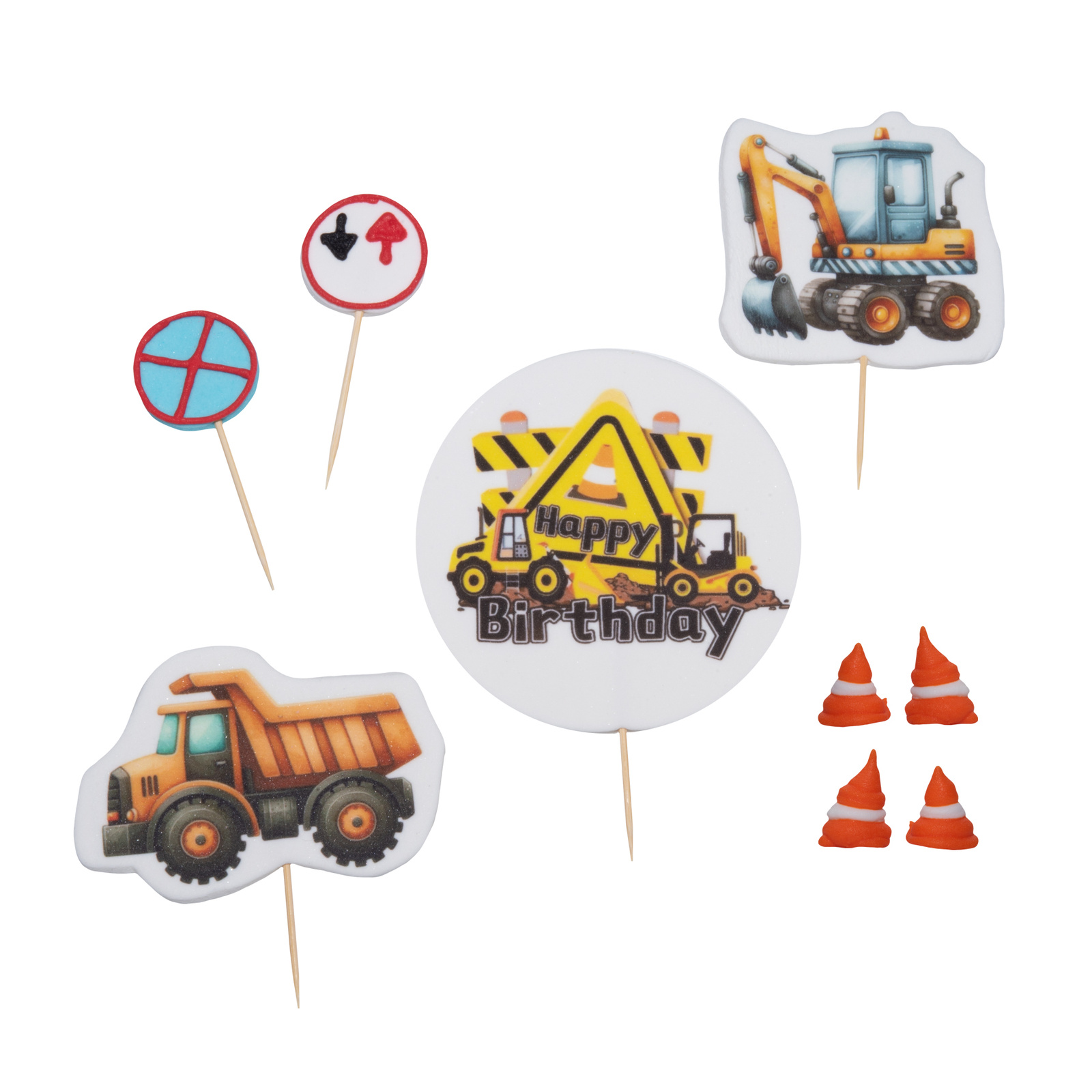 Komplet topperów i pachołków z zestawu Samochody budowlane 2D ułożony na białym tle