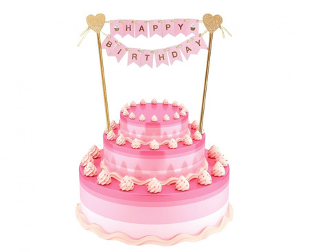 #DETO Dekoracja papierowa B&G na tort Happy Birthday, jasnoróżowa, 25 cm