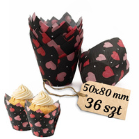 Muffiny tulipan CZARNE W RÓŻOWE SERDUSZKA 50x80 mm 36 szt.
