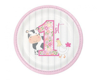 #ZTA Talerzyki papierowe Farmhouse Pierwsze urodziny, różowe 18 cm, 8 szt.