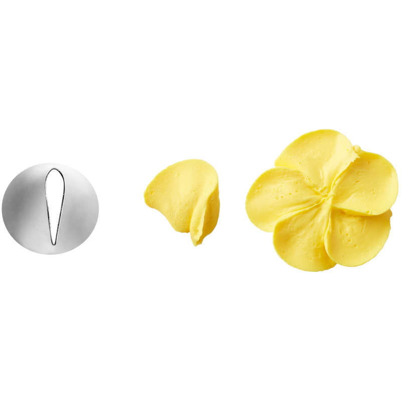 Tylka Wilton 104 oraz przykładowe płatki i kwiat z kremu wykonane tą końcówką