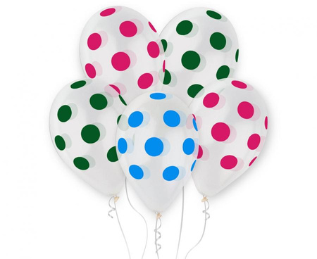 #BL Balony Premium Hel "Kolorowe Grochy", transparentne, 13"/ 5 szt. KK