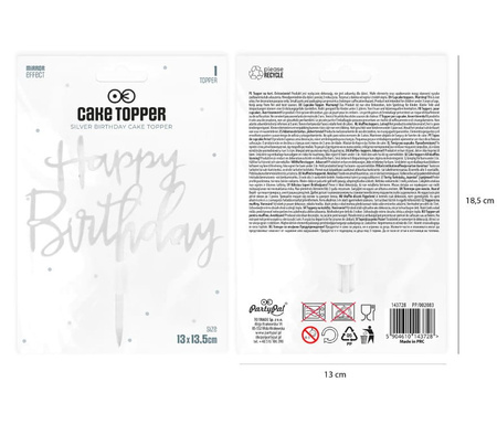 Topper na tort Happy Birthday SREBRNY Part Pal