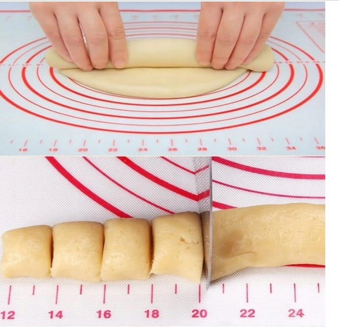 Detal nadruku podziałek w centymetrach i calach na silikonowej stolnicy