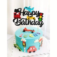 Papierowy topper na tort Happy Birthday PODRÓŻ SAMOLOT AUTO POCIĄG SYGNALIZATOR