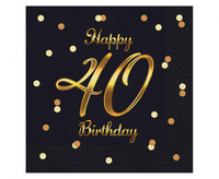 #ZSE_GD Serwetki B&C Happy 40 Birthday, czarne, nadruk złoty, certyfikat FSC, 33x33 cm/ 20 szt.