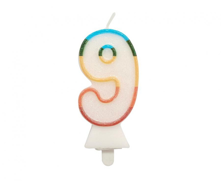 #SC26 Świeczka cyferka 9, tęczowa, NOWY BIO BROKAT, 8,5 cm