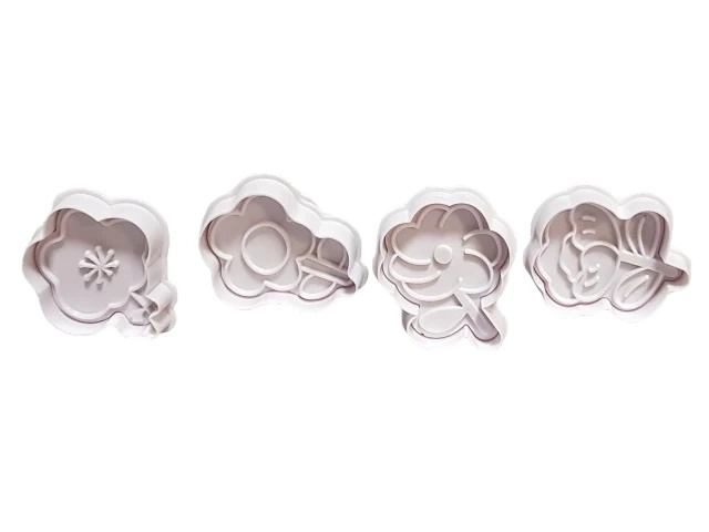 Zestaw 4 sztuk foremek wykrawaczek z tłoczkiem KWIATY KWIATUSZKI do dekoracji tortów i ciastek