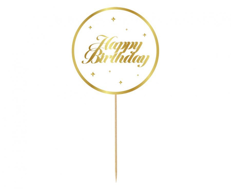 #DETO Dekoracja pap. na tort B&G Party - Happy Birthday, biała, gwiazdki, 10 cm
