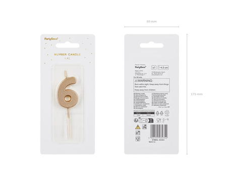 Świeczka urodzinowa Cyferka 6, 4.5 cm, złoty Party Deco